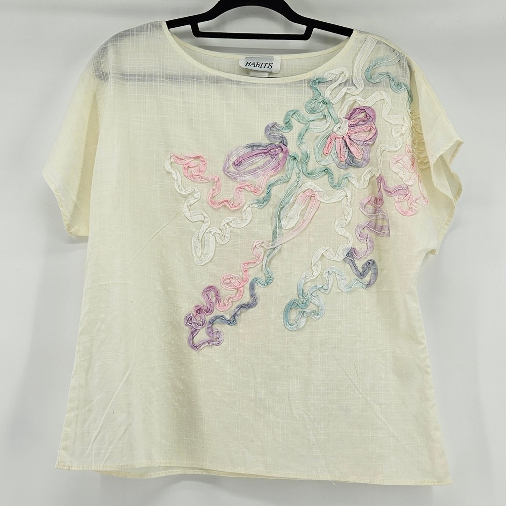 Vintage Cottage‎ Applique Short Sleeve Blouse Top Size M Artsy Dainty Pastel